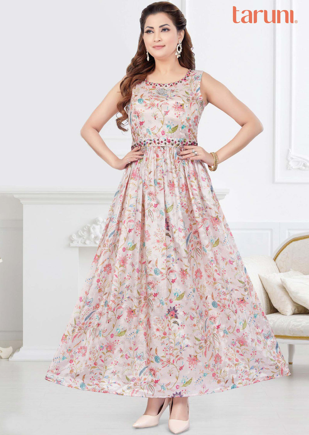 Light Peach Chinnon Printed Long Dress