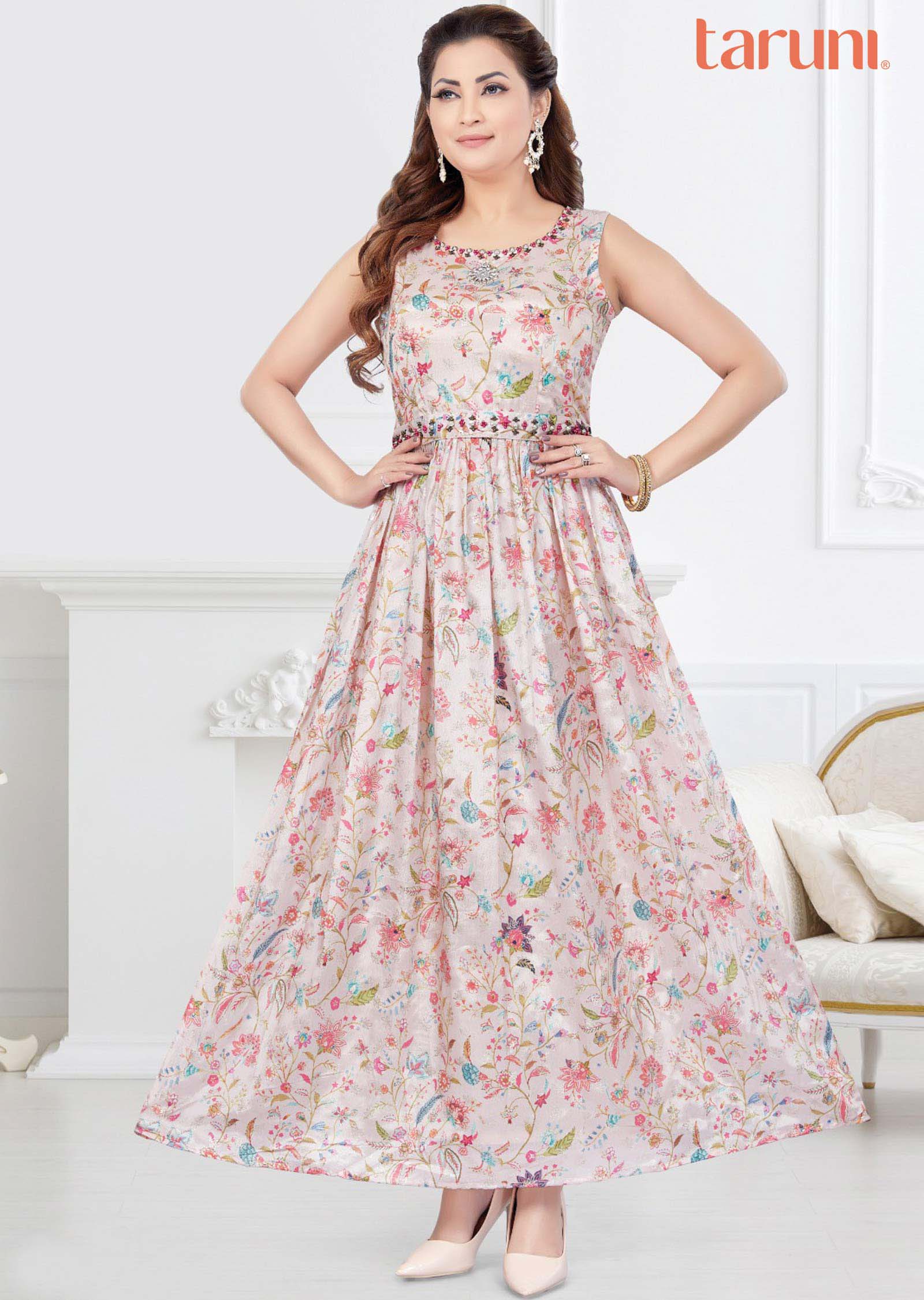 Light Peach Chinnon Printed Long Dress