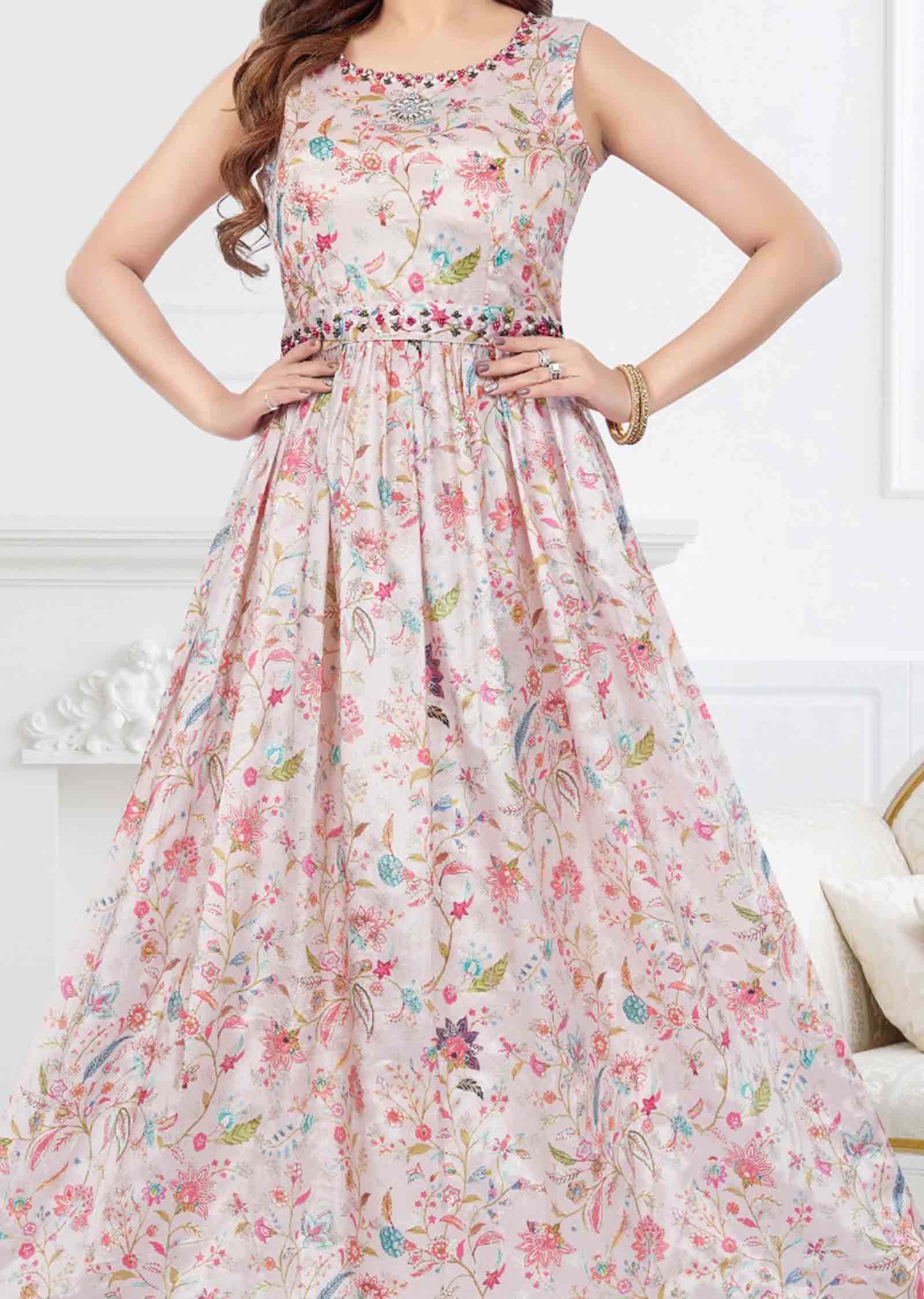 Light Peach Chinnon Printed Long Dress