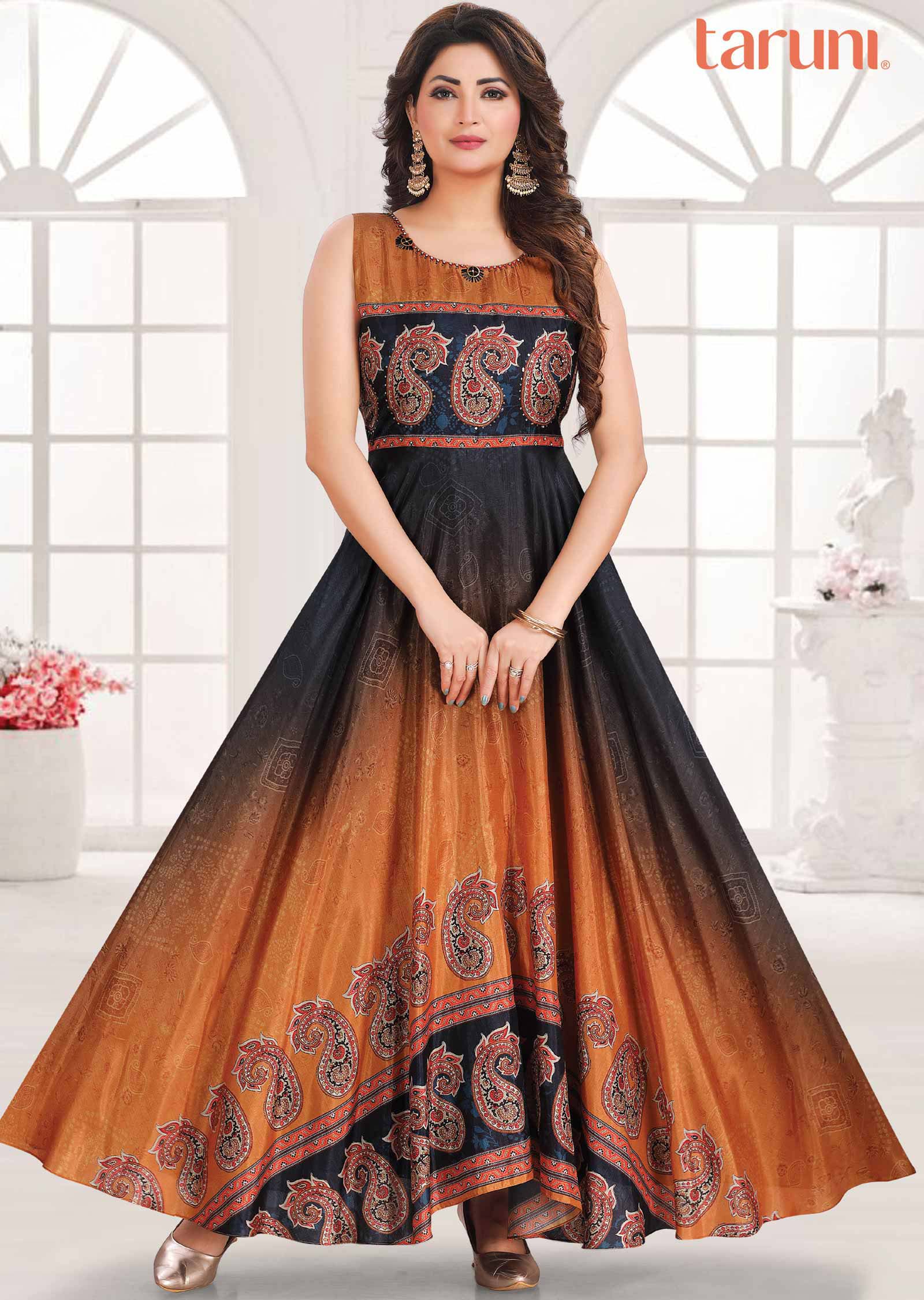 Mustard & Navy Blue Silk Printed Long Dress