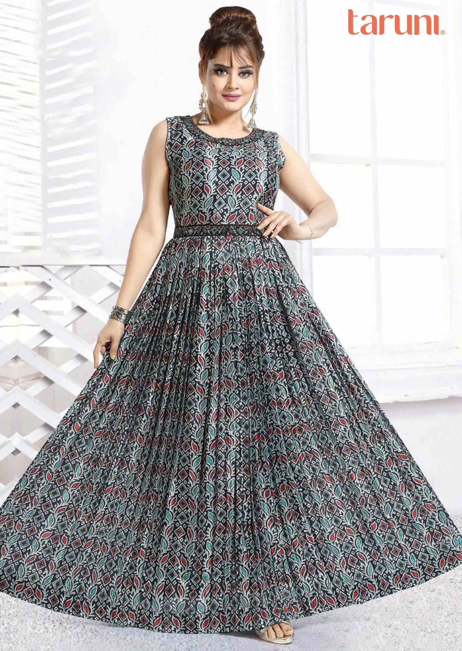 Black Chinnon Printed Long Dress