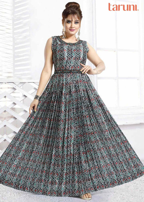 Black Chinnon Printed Long Dress