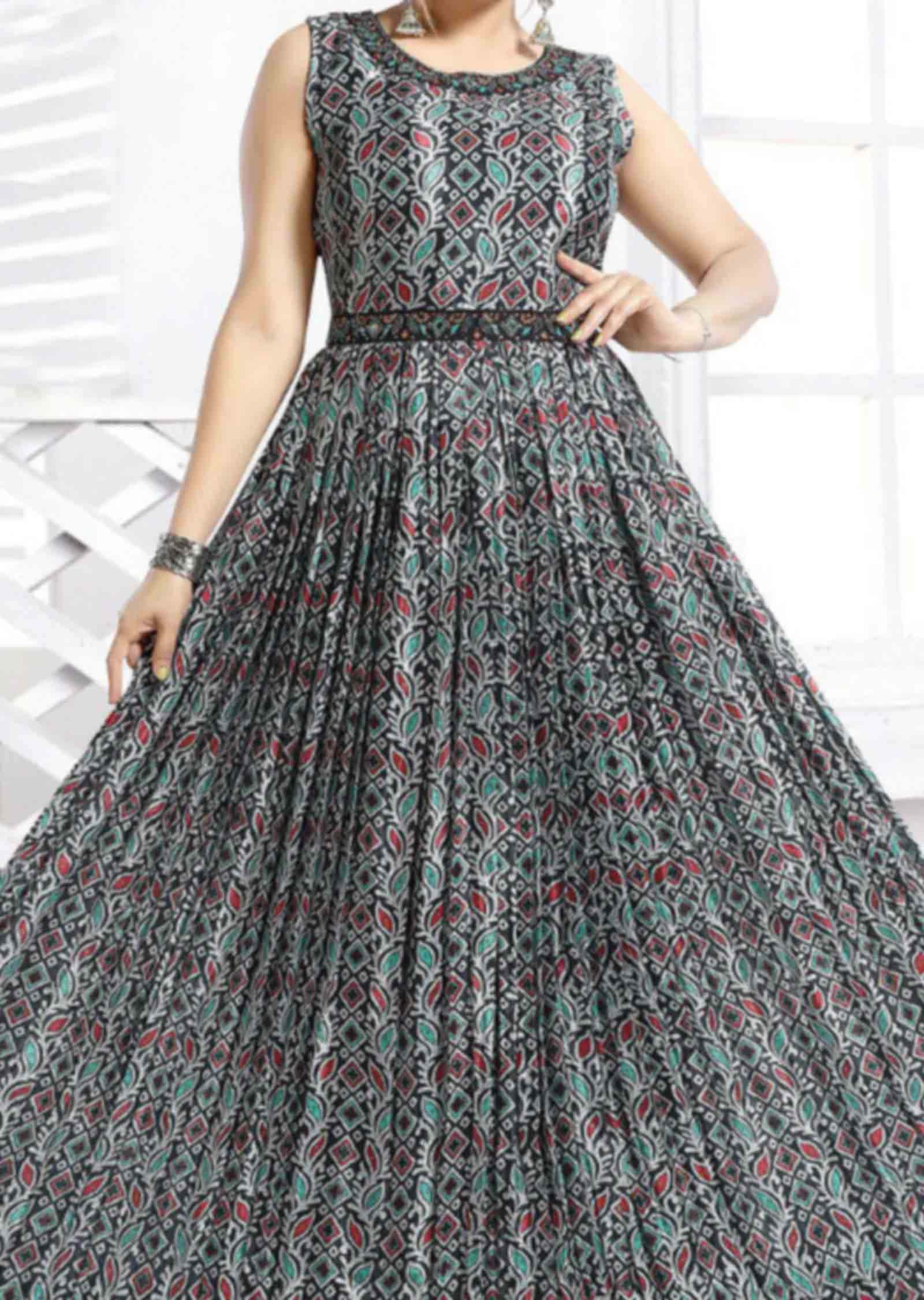 Black Chinnon Printed Long Dress