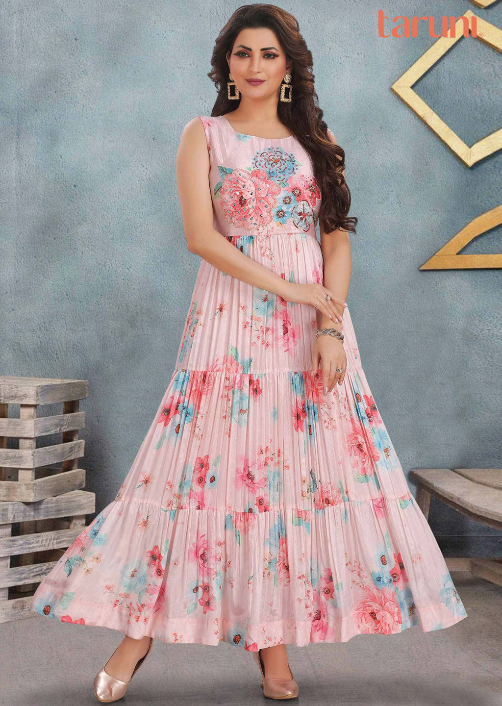 Light Peach Chinnon Embroidered Long Dress