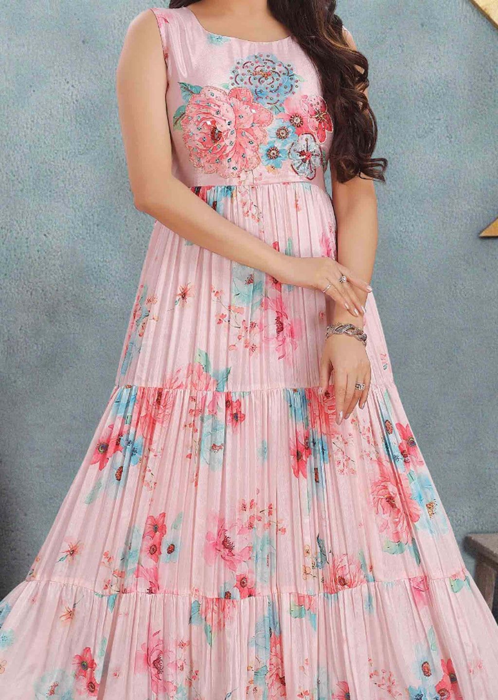 Light Peach Chinnon Embroidered Long Dress