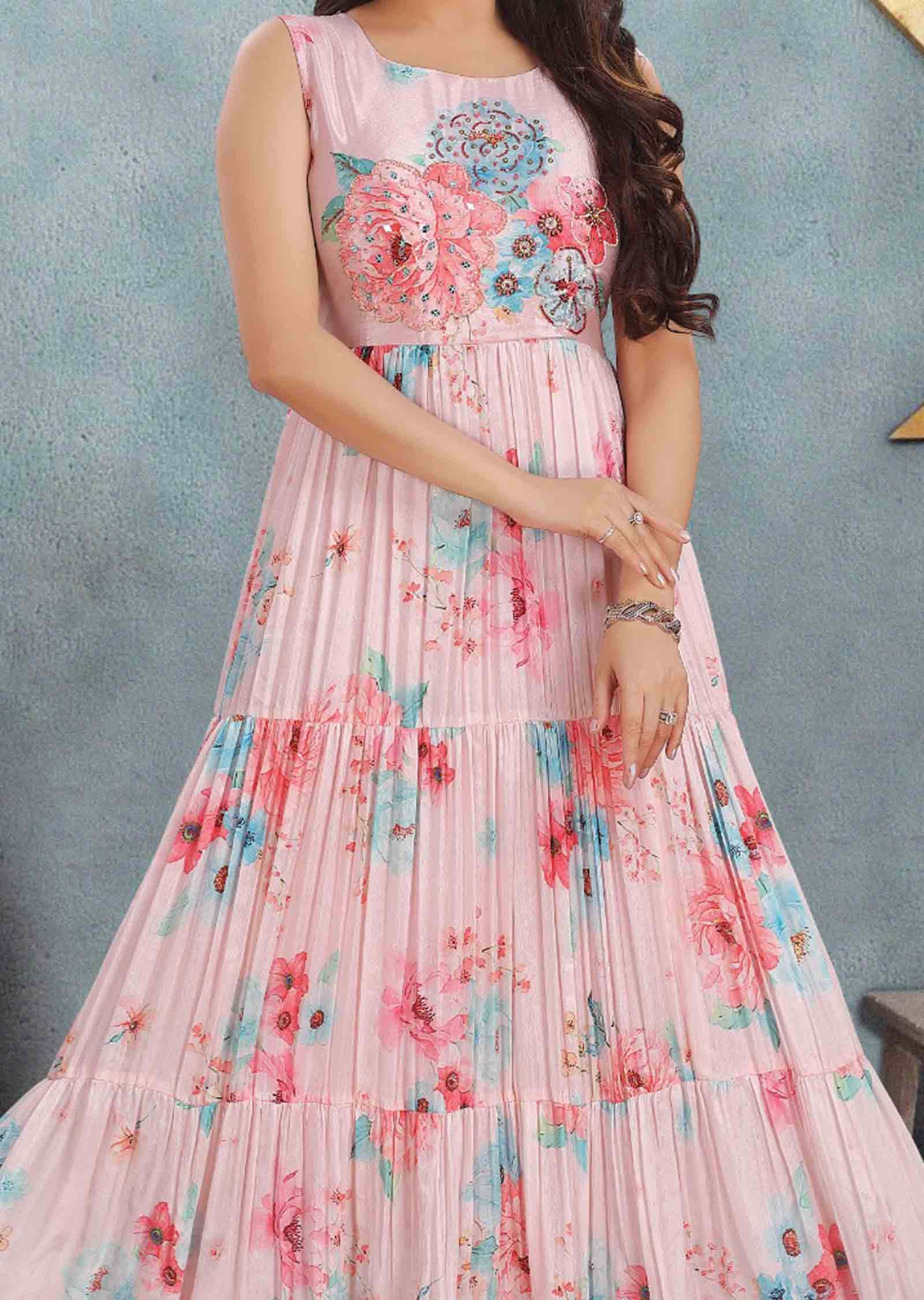 Light Peach Chinnon Embroidered Long Dress