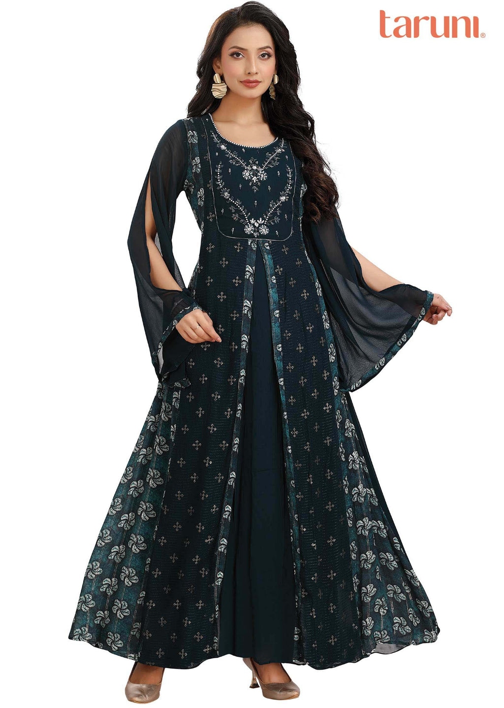 Dark Teal Blue Georgette Embroidered Long Dress