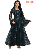 Dark Teal Blue Georgette Embroidered Long Dress