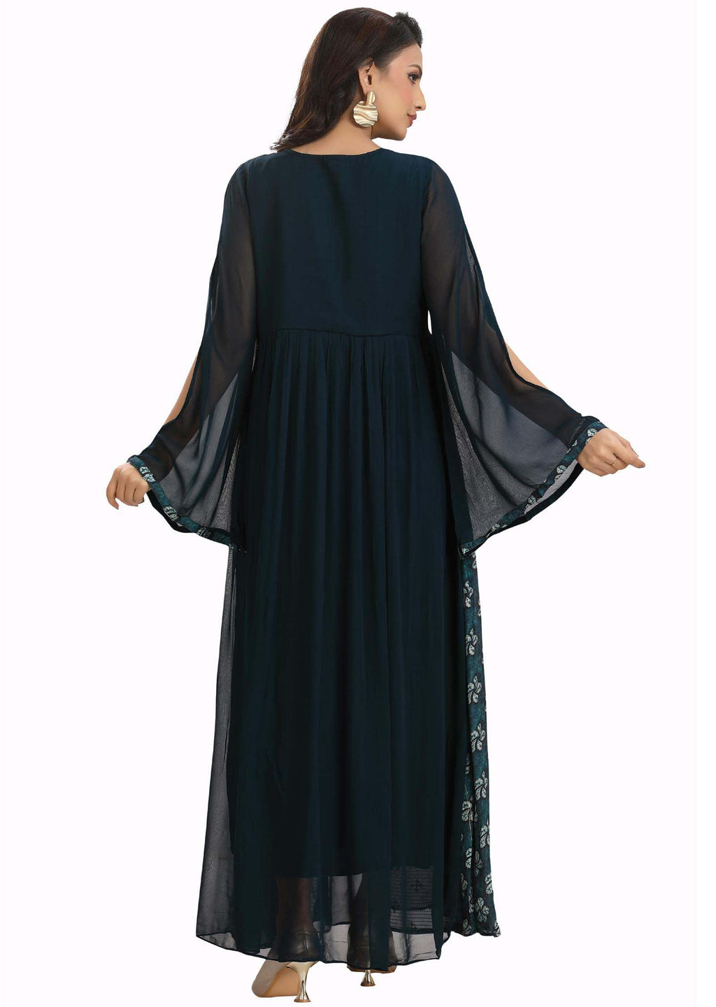 Dark Teal Blue Georgette Embroidered Long Dress