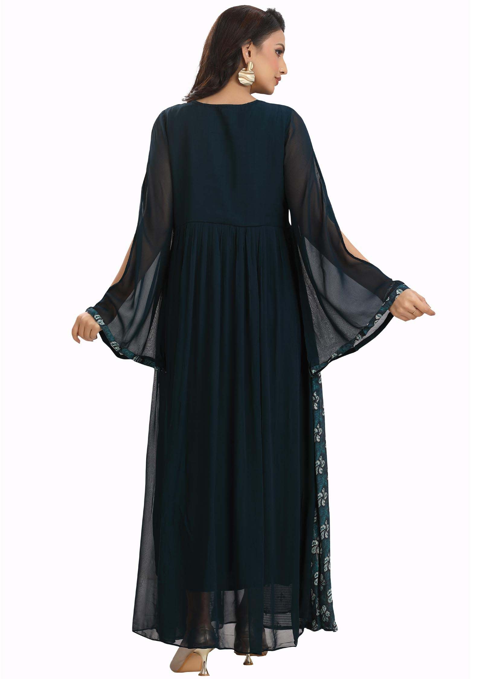 Dark Teal Blue Georgette Embroidered Long Dress