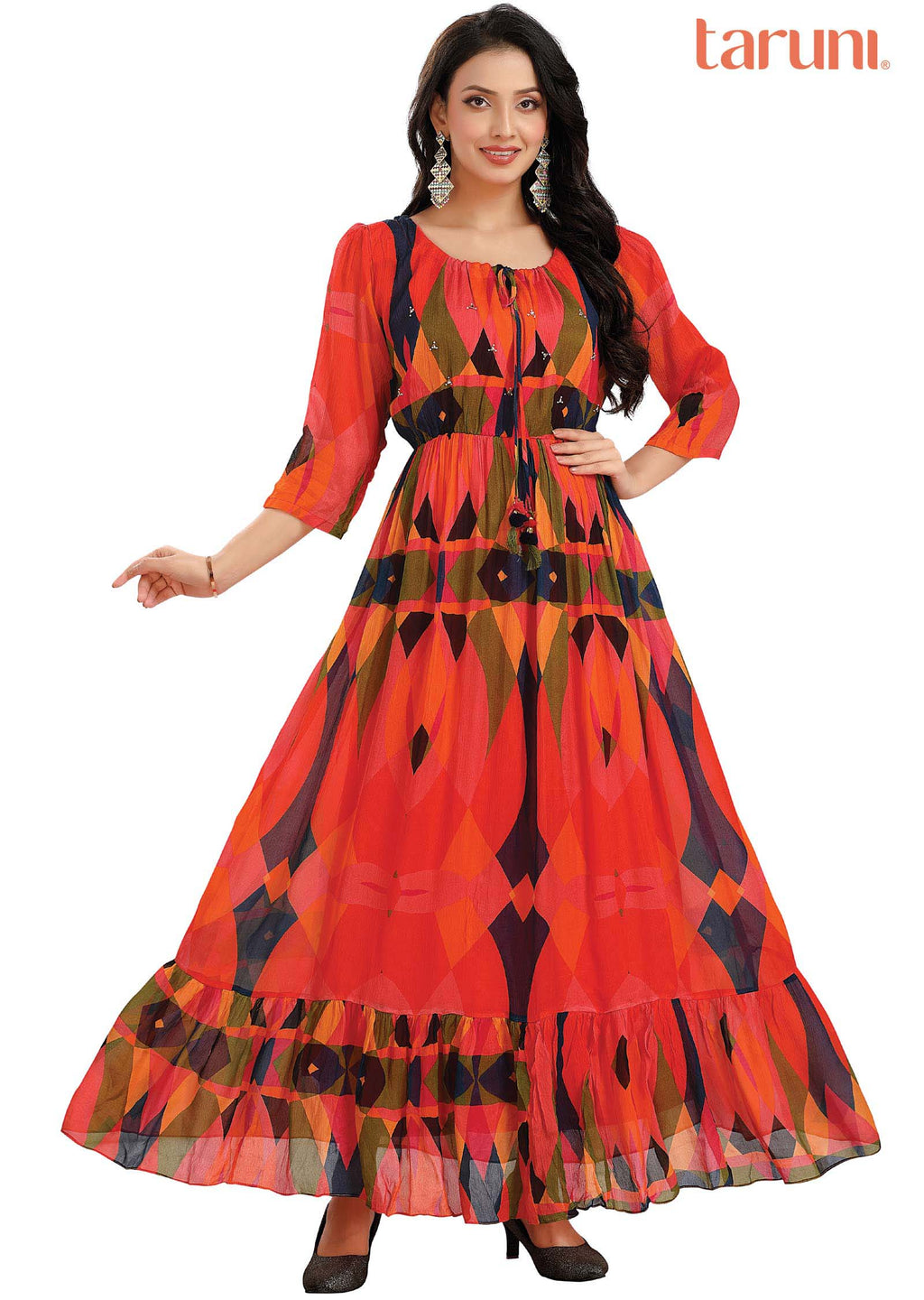 Orange Chinnon Printed Long Dress