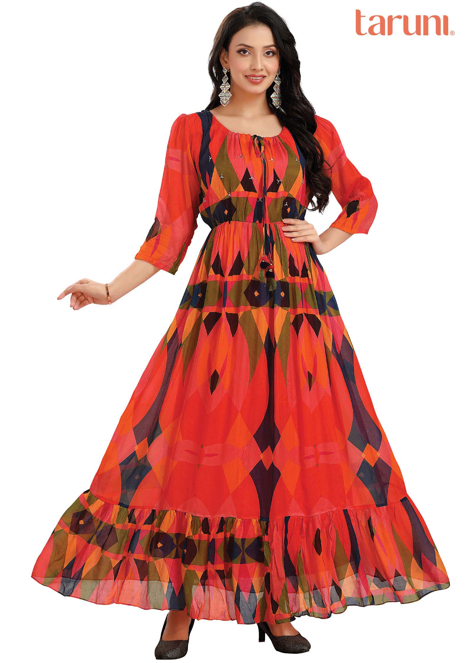 Orange Chinnon Printed Long Dress