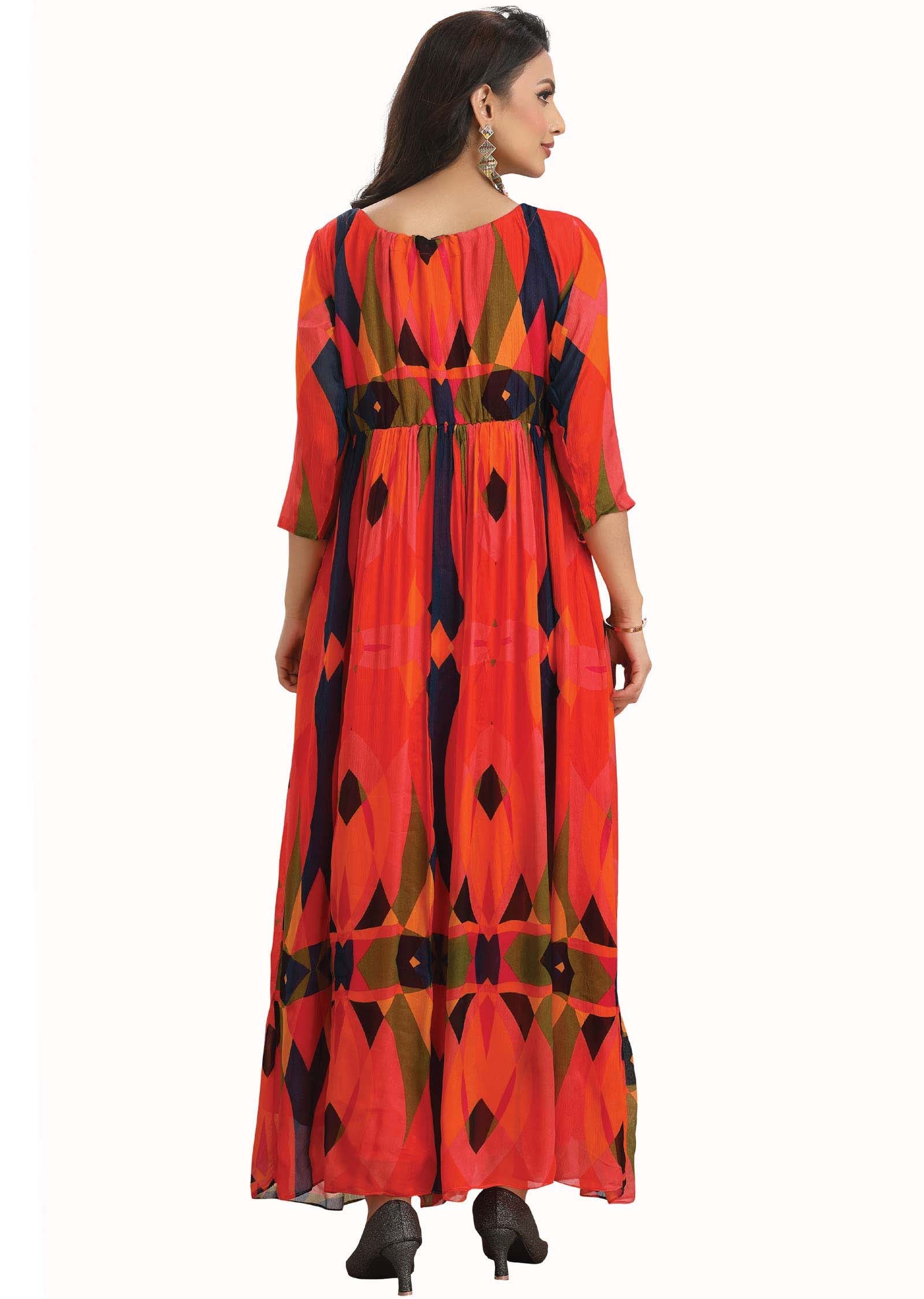 Orange Chinnon Printed Long Dress