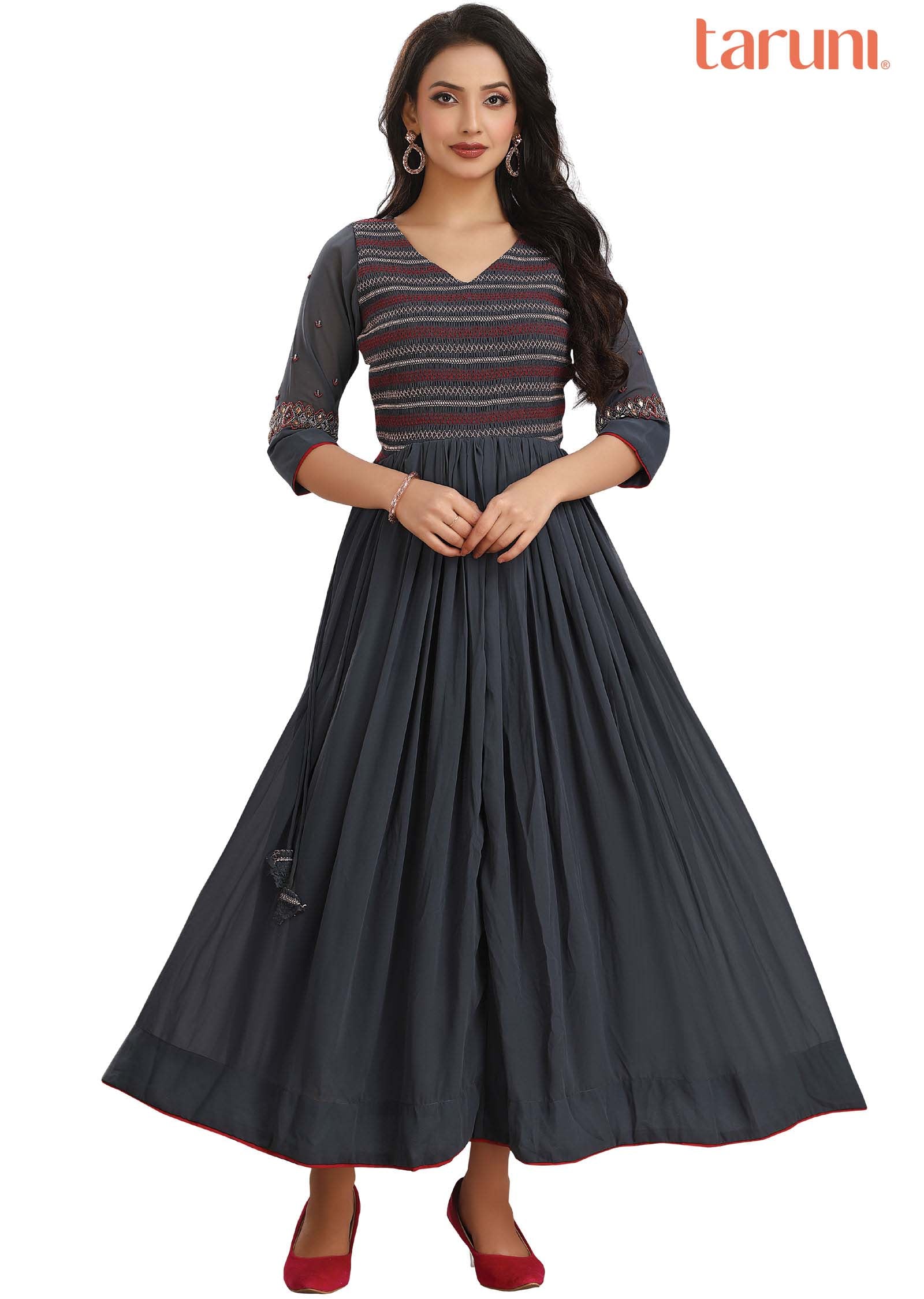 Grey Georgette Beaded Long Dress