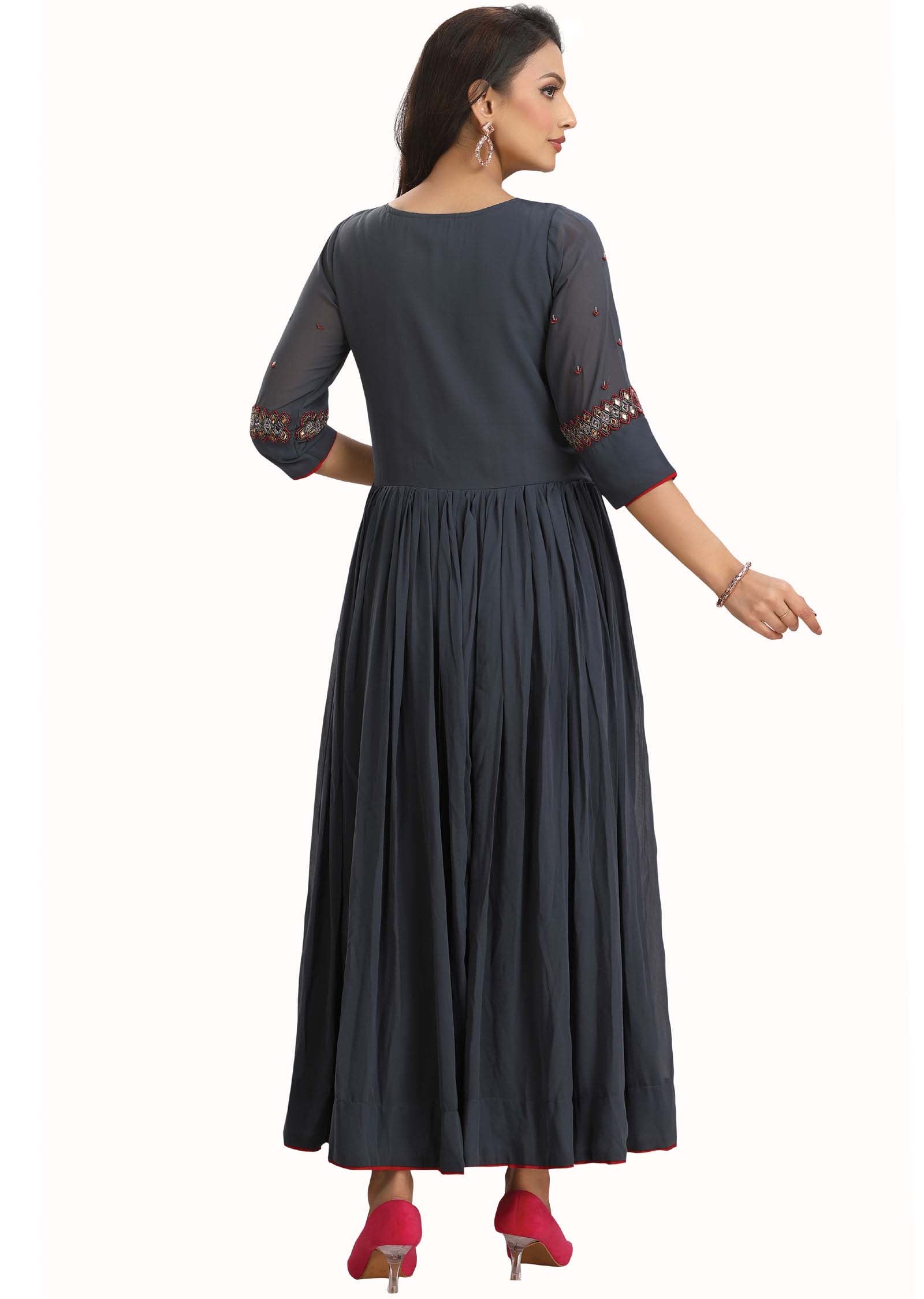 Grey Georgette Beaded Long Dress