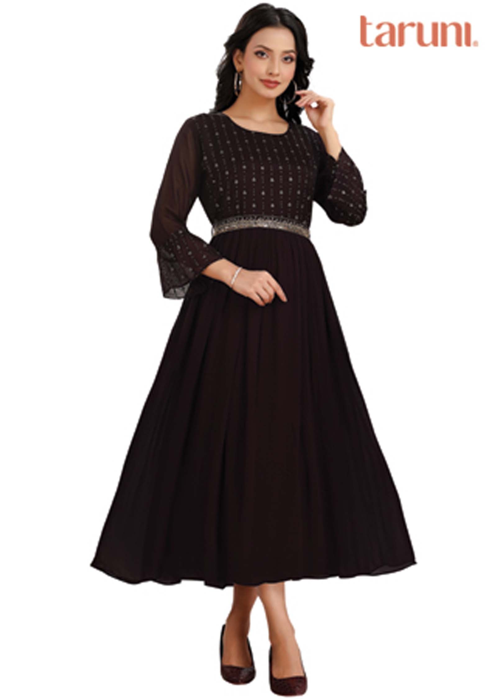 Wine Georgette Embroidered Long Dress