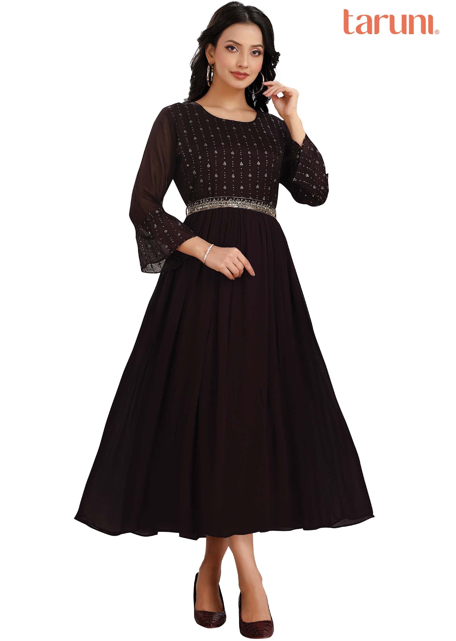 Wine Georgette Embroidered Long Dress