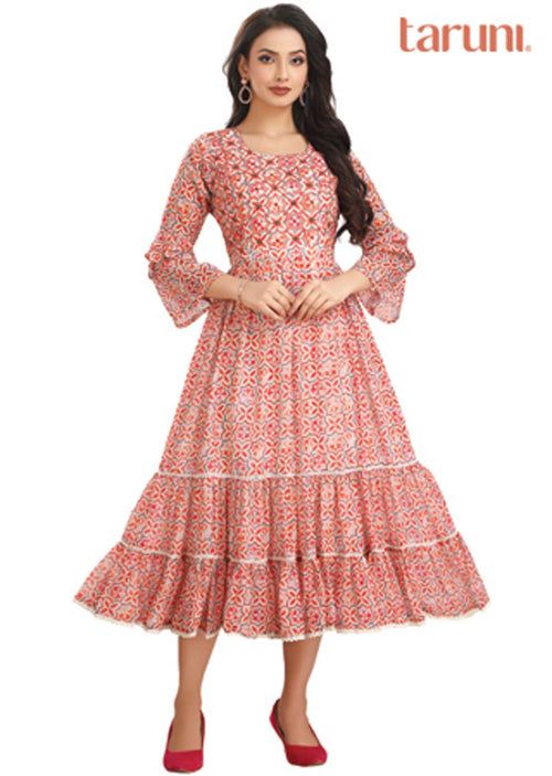 Cream & Multicolor Georgette Embroidered Long Dress