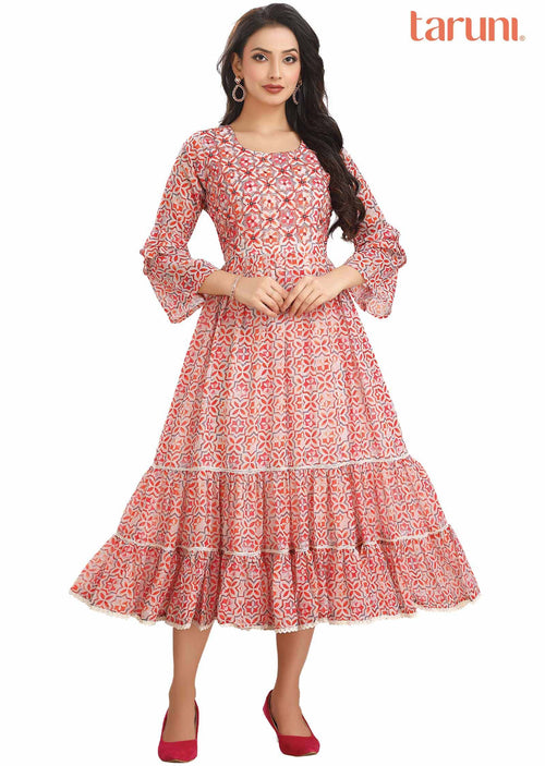 Cream & Multicolor Georgette Embroidered Long Dress