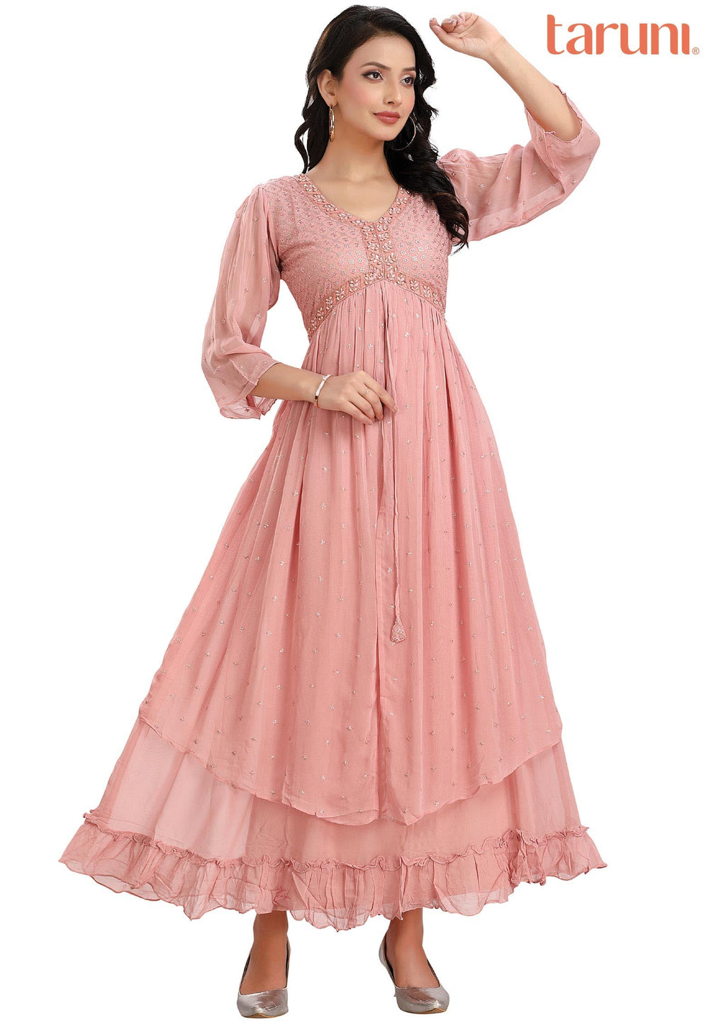 Dusty Peach Georgette Embroidered Long Dress