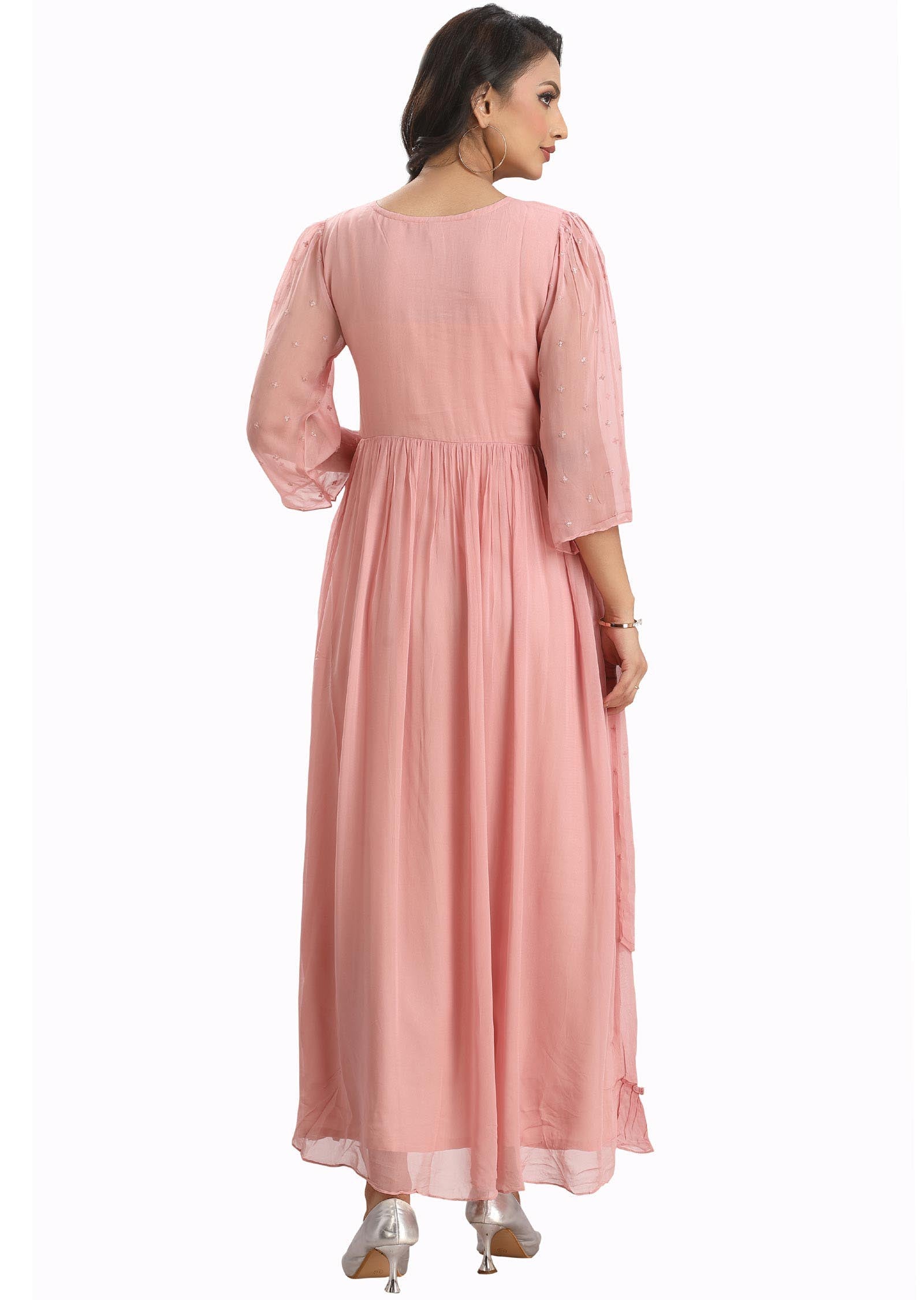 Dusty Peach Georgette Embroidered Long Dress