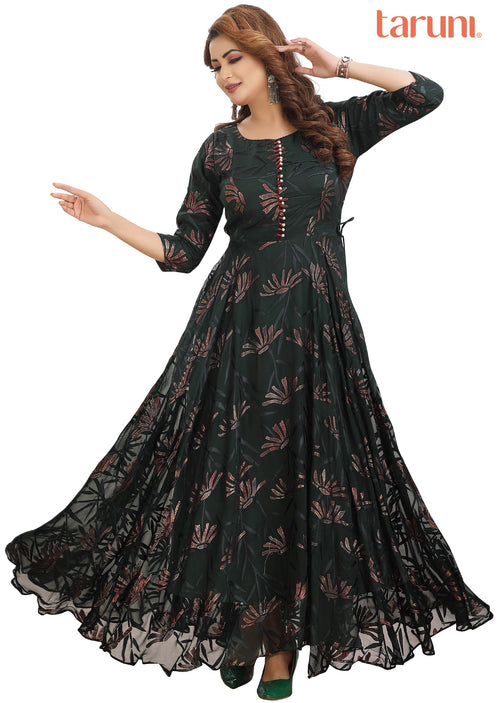 Bottle Green Chiffon Long Dress