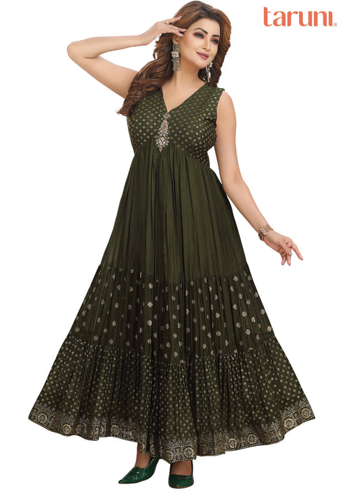 Dark Olive Green Silk Long Dress