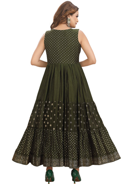 Dark Olive Green Silk Long Dress