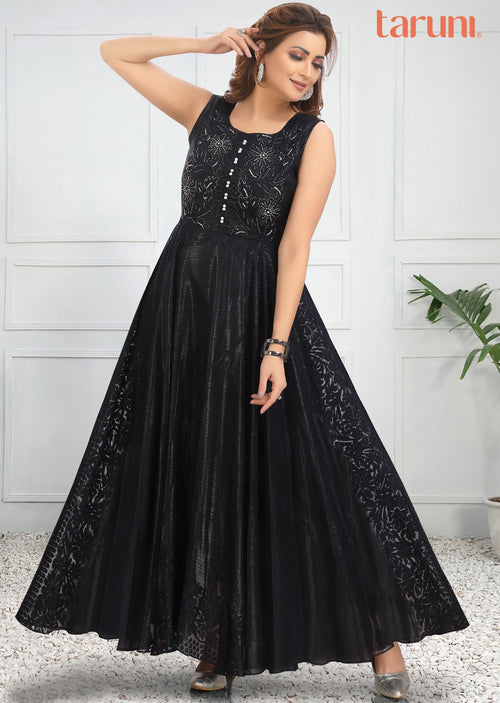 Dark Navy Blue Braso Chiffon Long Dress