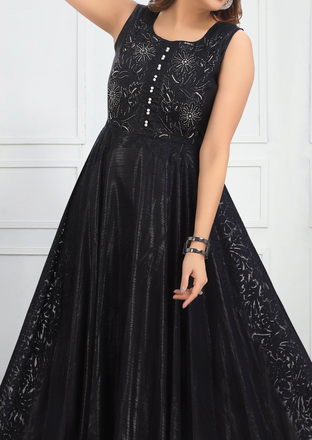 Dark Navy Blue Braso Chiffon Long Dress