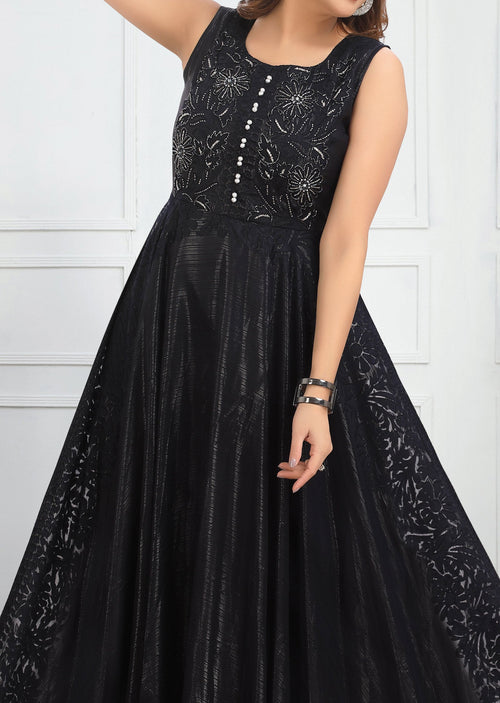 Dark Navy Blue Braso Chiffon Long Dress