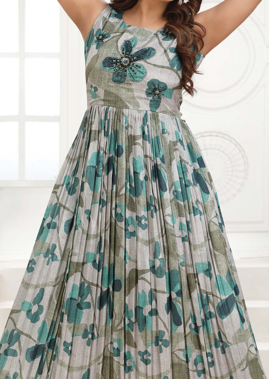 Light Grey & Green Crepe Long Dress