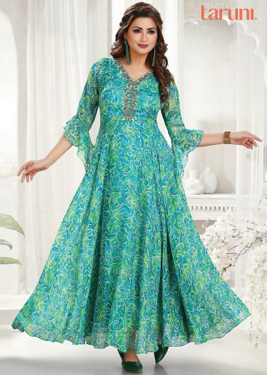 Sea Green & Green Chiffon Long Dress