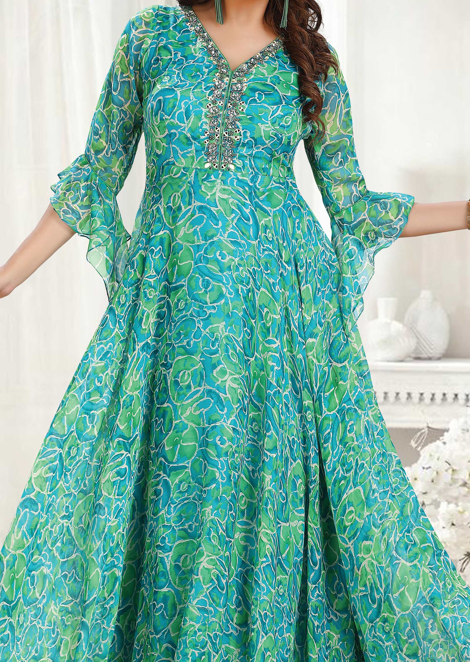Sea Green & Green Chiffon Long Dress
