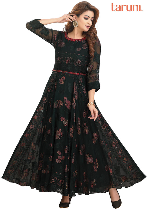 Bottle Green Brasso Chiffon Long Dress