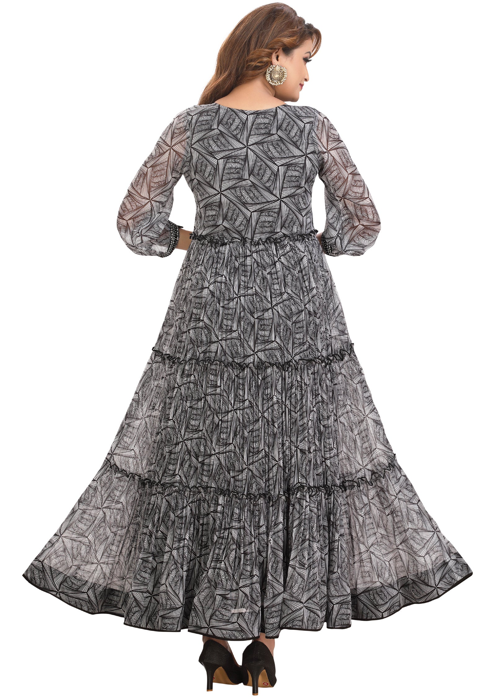 Off White & Black Chiffon Long Dress