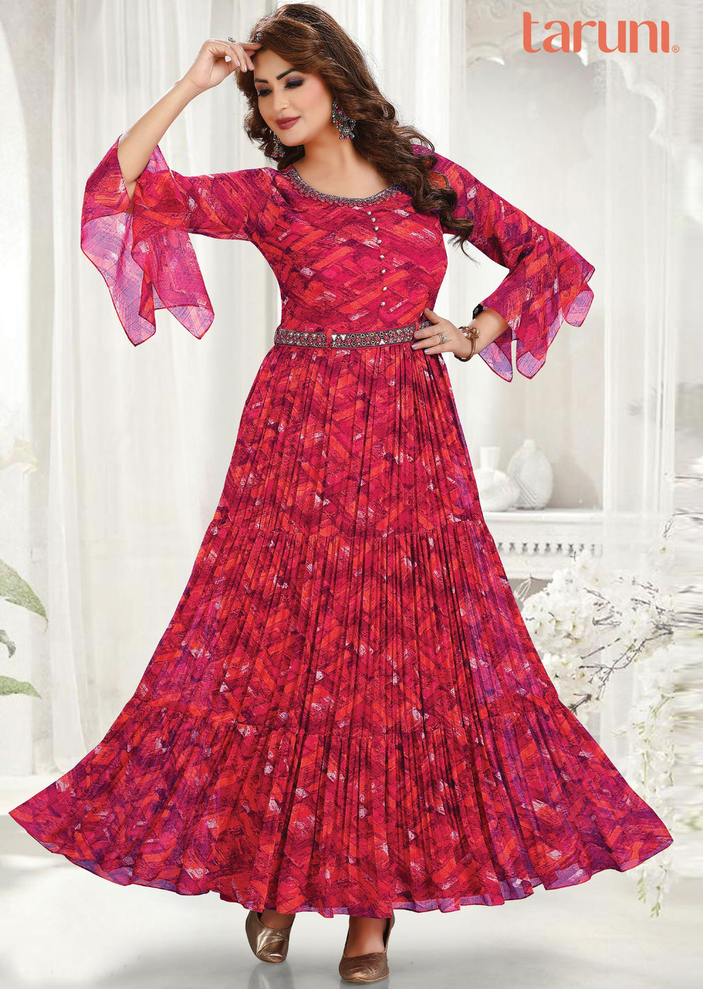 Rani Pink & Orange Chiffon Long Dress