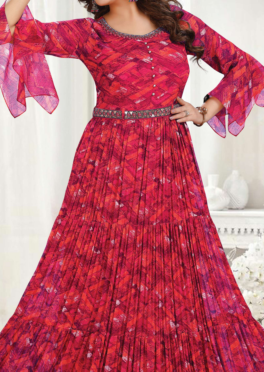 Rani Pink & Orange Chiffon Long Dress