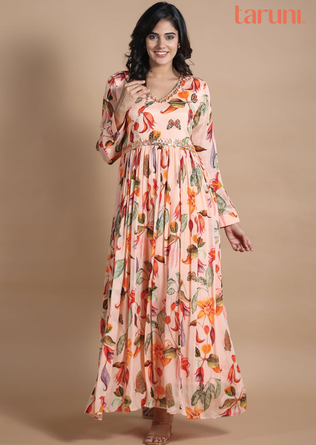 Dark Peach Chinnon Long Dress