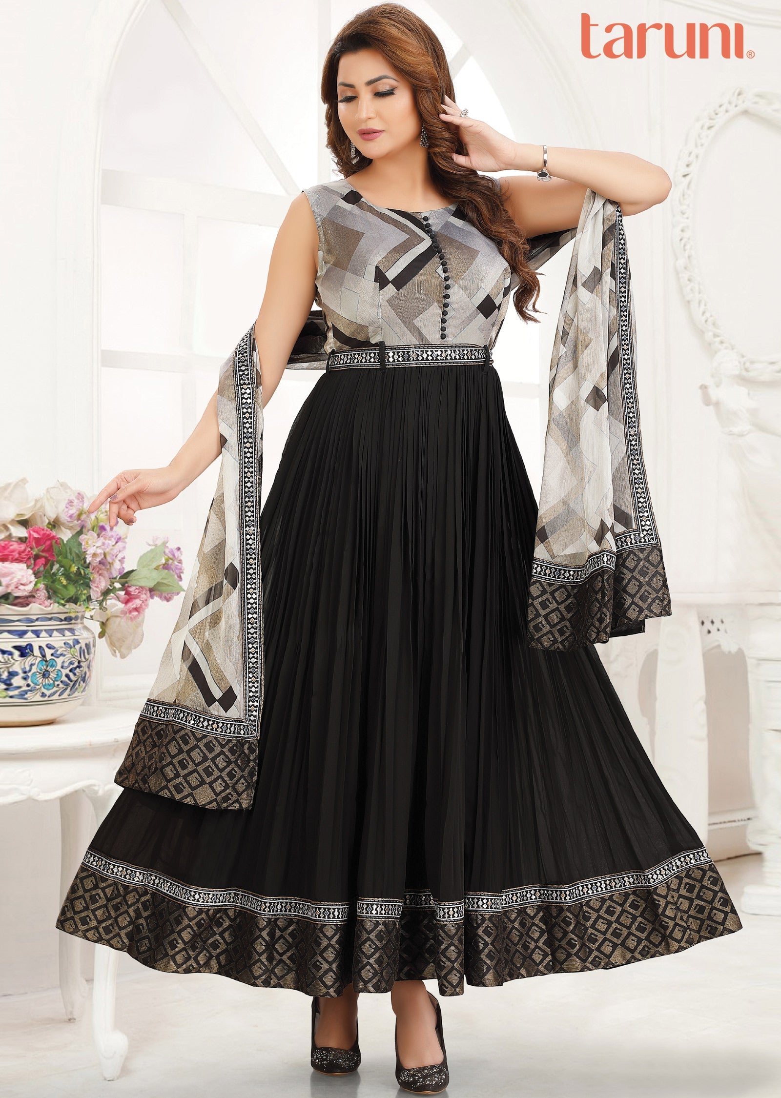 Black & Grey Georgette Long Dress