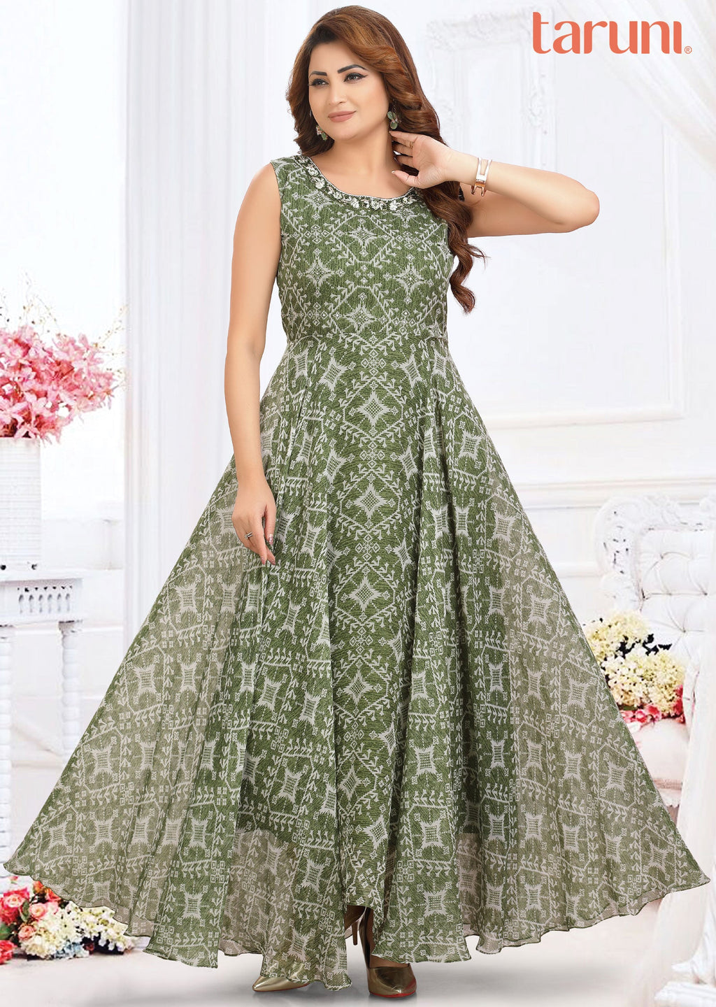 Mehendi Green Chiffon Printed Long Dress