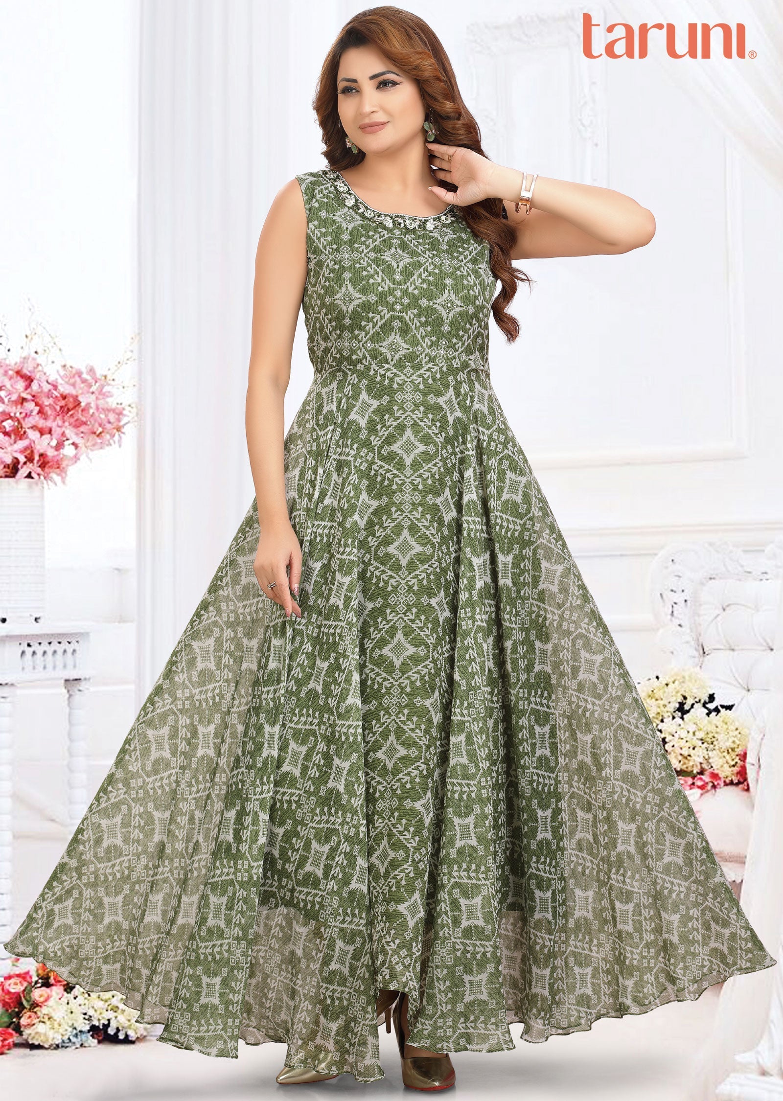 Mehendi Green Chiffon Printed Long Dress