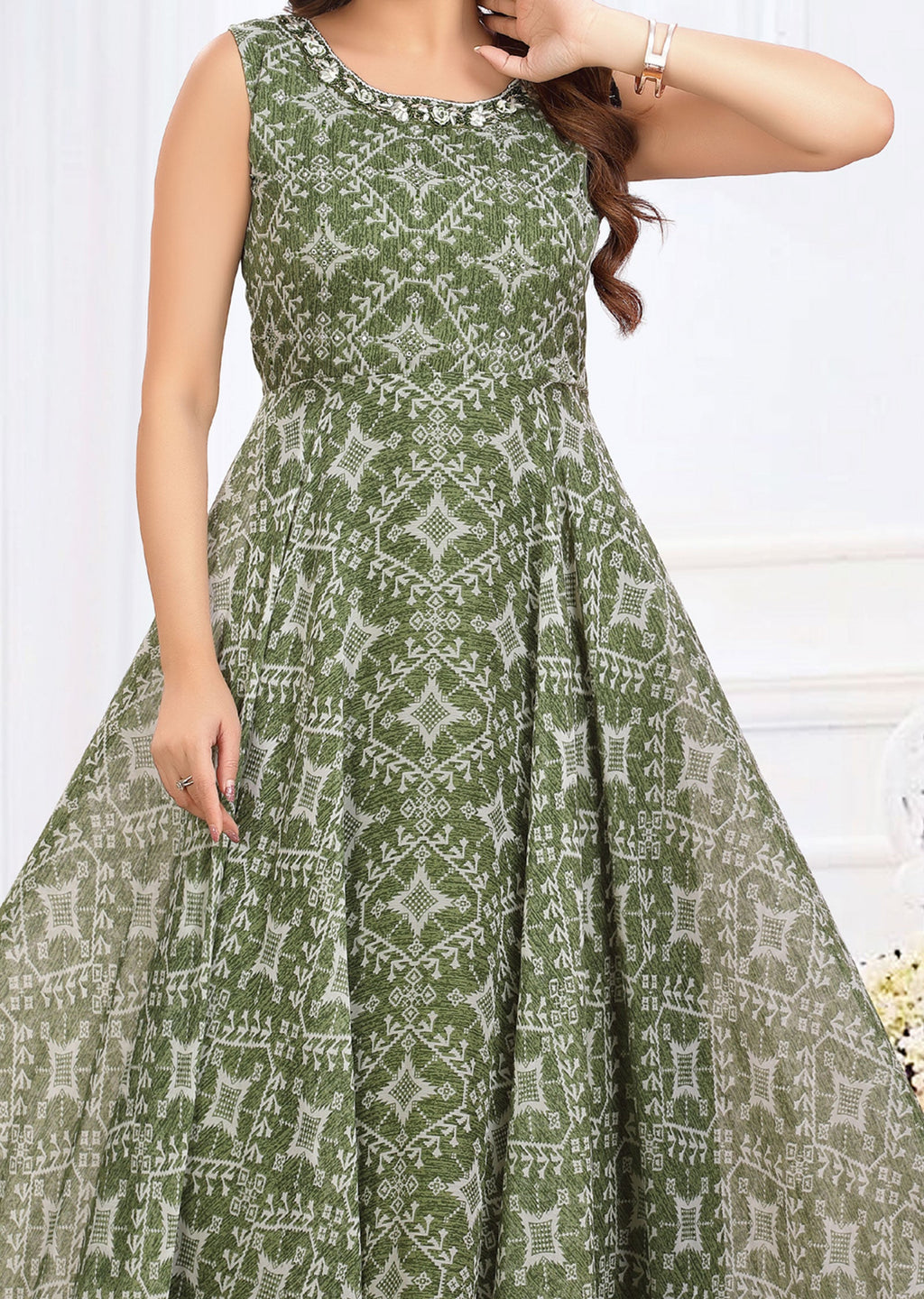 Mehendi Green Chiffon Printed Long Dress