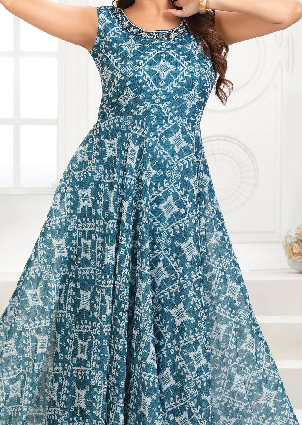 Blue Chiffon Printed Long Dress