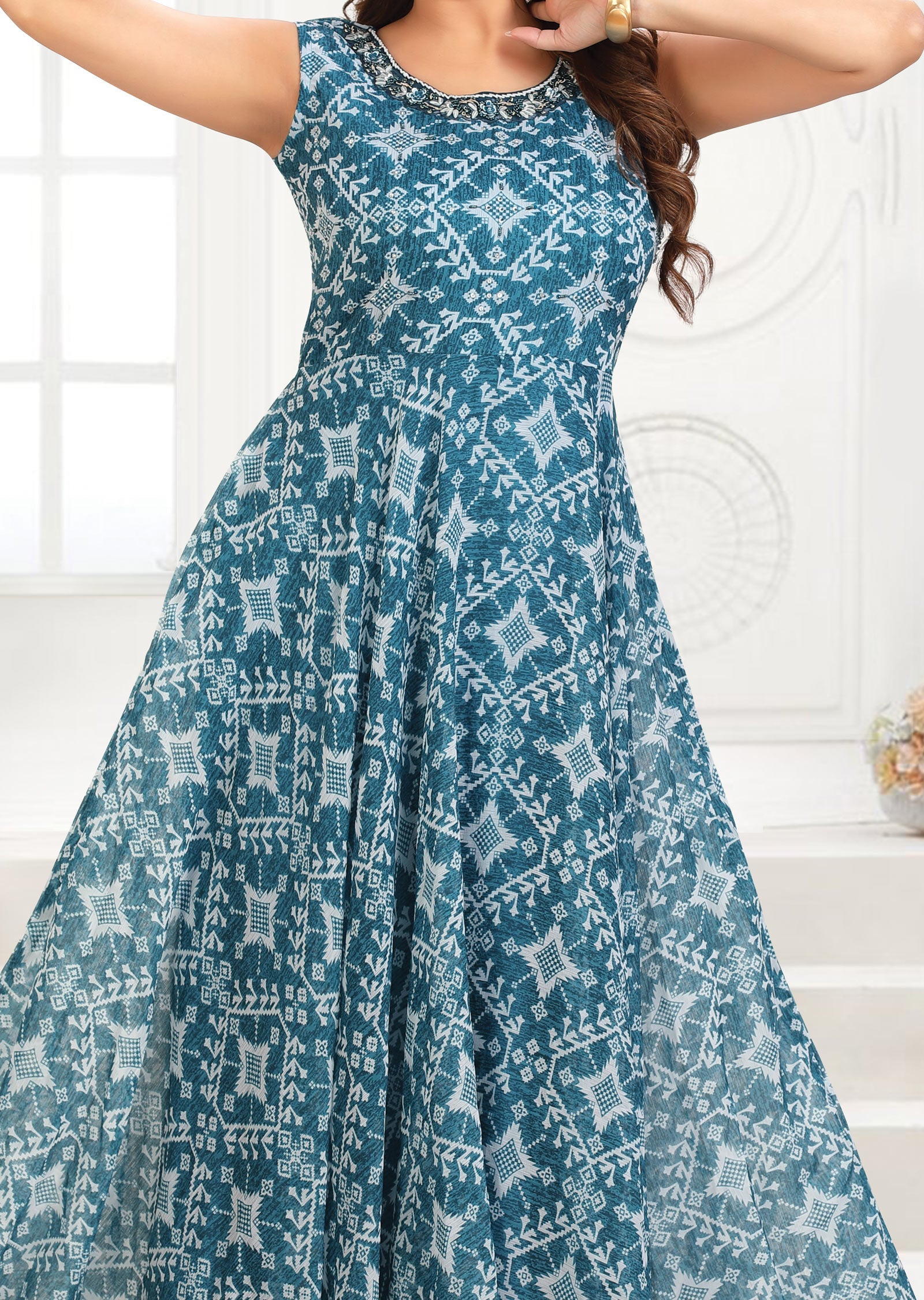Blue Chiffon Printed Long Dress