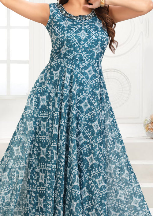 Blue Chiffon Printed Long Dress