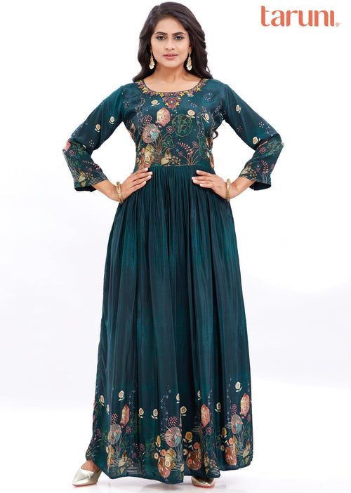 Bottle Green Crepe Long Dress