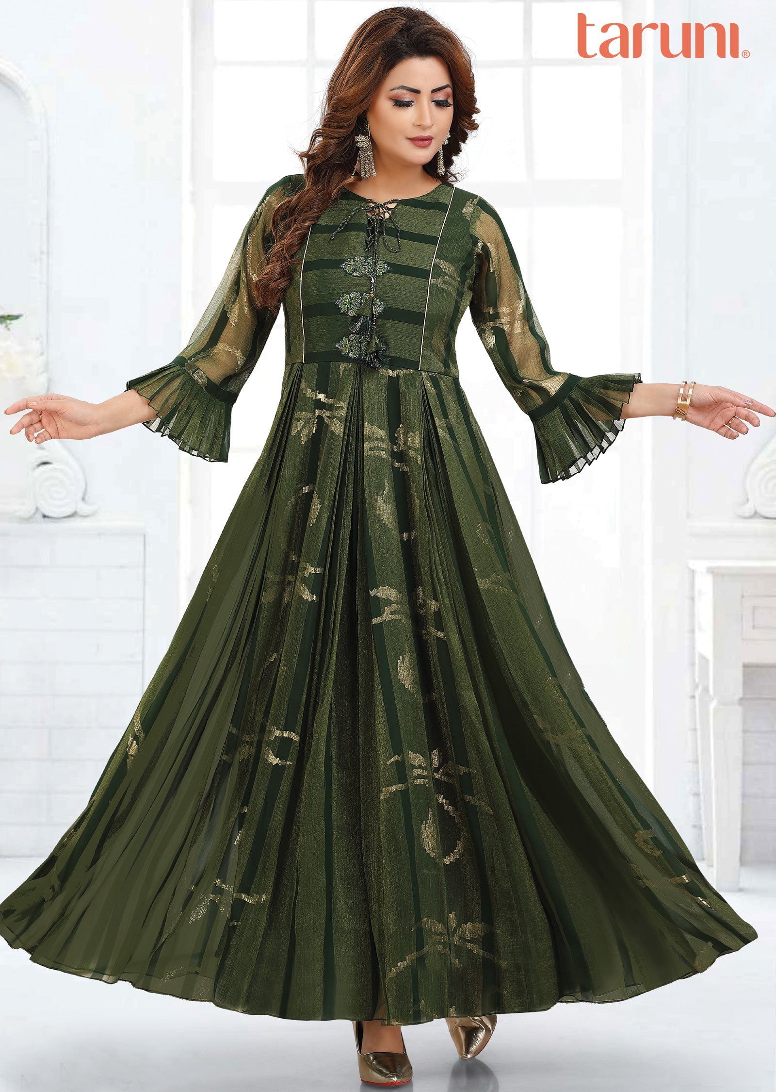 Bottle Green Banaras Georgette Long Dress