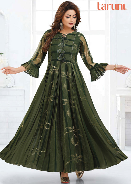 Bottle Green Banaras Georgette Long Dress