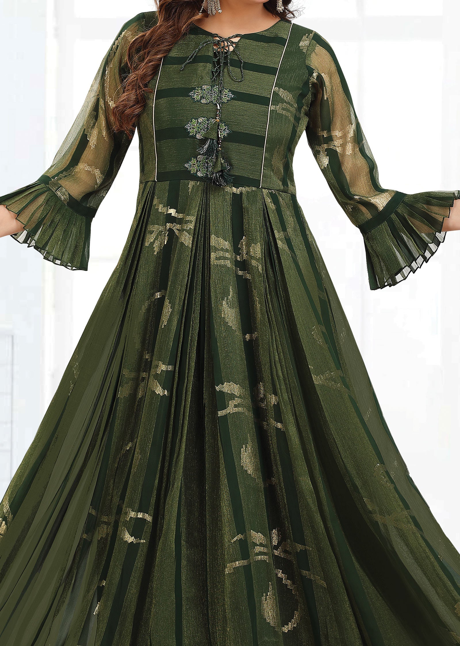Bottle Green Banaras Georgette Long Dress